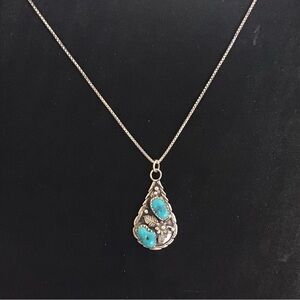 Zuni Or Navajo Sterling and Turquoise Teardrop Feather And Flower 1.25” Pendant